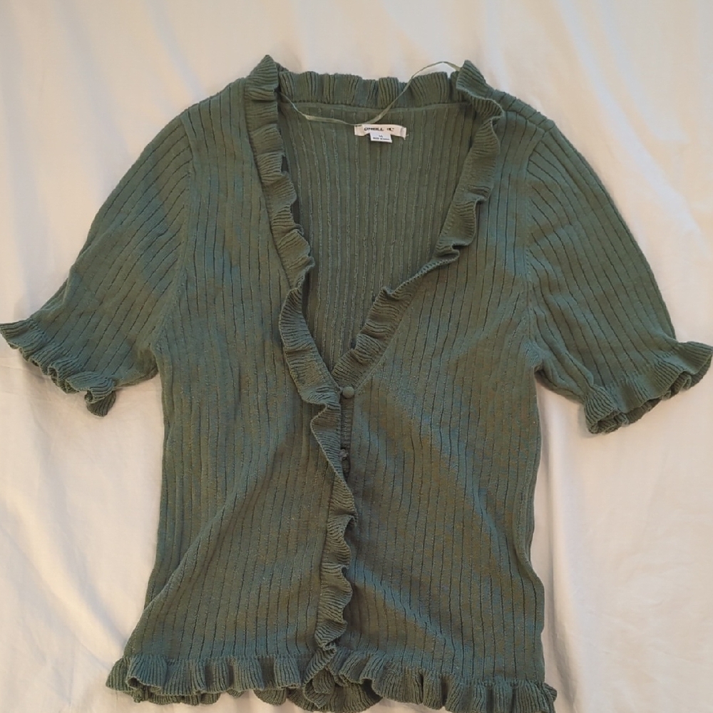 Ruffled Sage Green Ribbed Cardigan